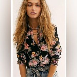 Free People Black Floral Button-Up Blouse with Pink and Yellow Blooms